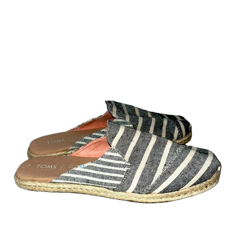 TOMS Womens Size 7 Nova Espadrille Mules In Black Cabana Stripes Canvas Slip On